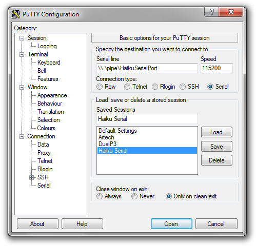 [PuTTY Settings for displaying a Pipe as a Serial Port]